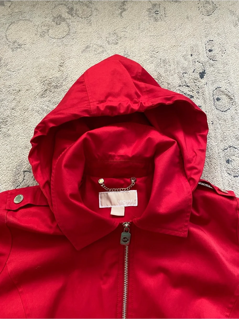 Michael Kors Hooded Rain Jacket Trench Coat Medium Red w/ Gold Hardware